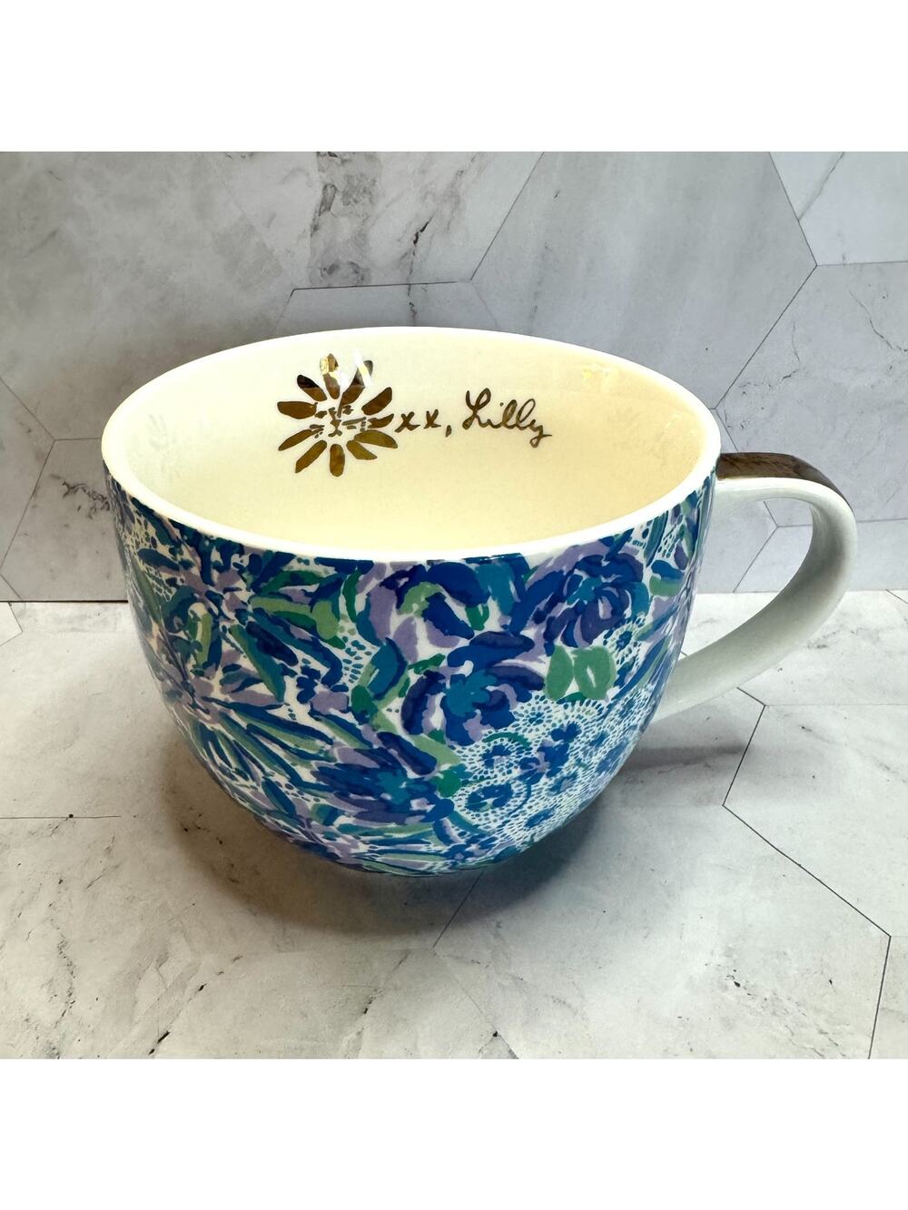 Lilly Pulitzer Tea Cup Floral Blue Purple Coffee Mug Gold Handle Ceramic EUC
